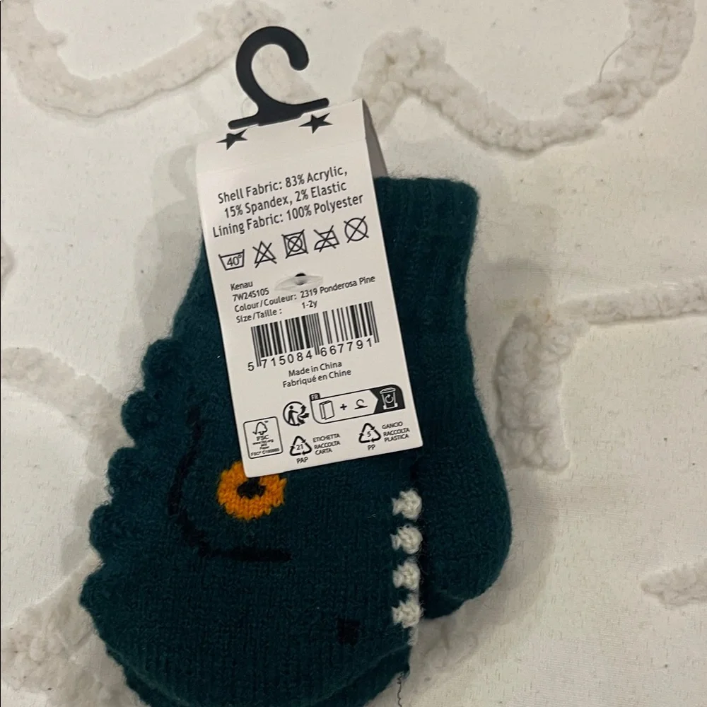 Molo Dark Teal Mittens with Dinosaur Design